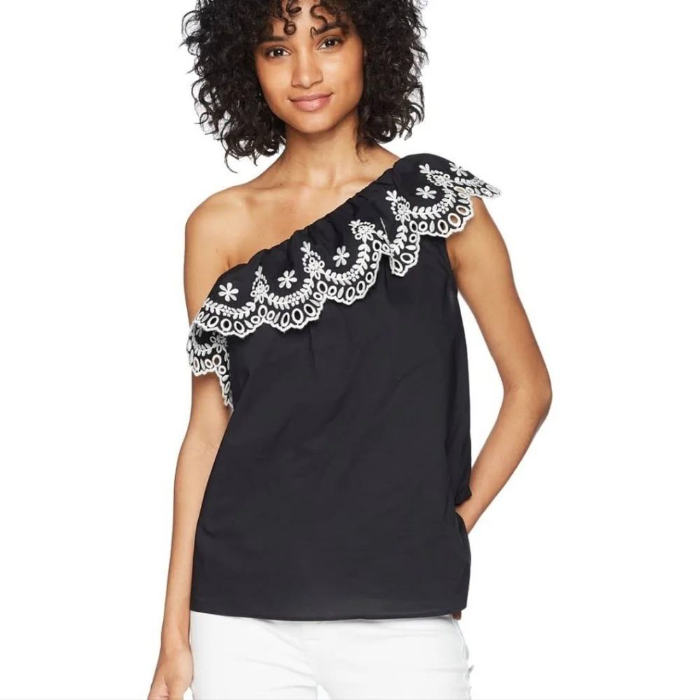Kate Spade NY Women's Black White Eyelet Asymmetrical‎ Sleeveless Top Size XXS